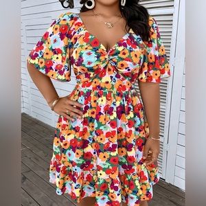 Floral Front Twist Ruffle Dress